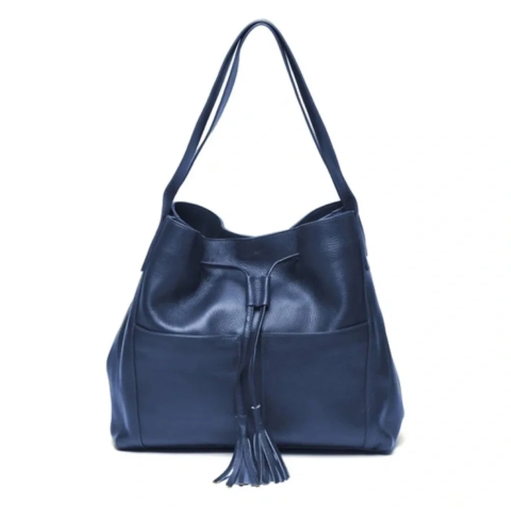 LAGGO || Andrea Tassel Drawstring Hobo Bag Pockets Pebbled Leather Navy‎